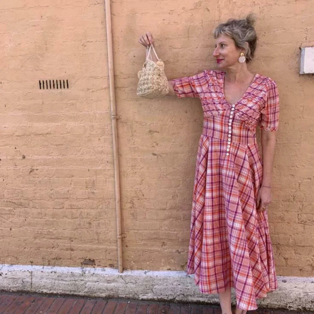 No.6 Paola Circle Plaid & Check Printed Fit & Flare Midi Dress S - Picture 4 of 10